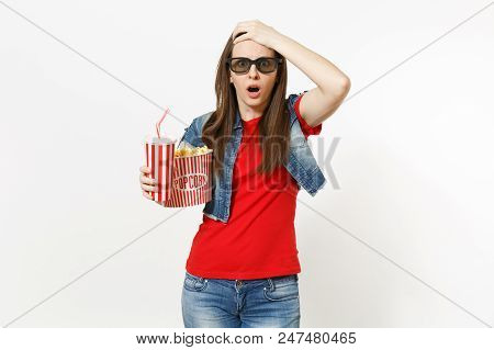 Portrait Of Young Shocked Woman In 3d Glasses Watching Movie Film, Holding Bucket Of Popcorn And Pla