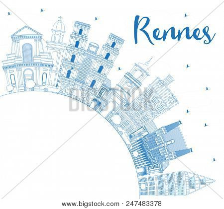 Outline Rennes France City Skyline with Blue Buildings and Copy Space. Business Travel and Tourism Concept with Historic Architecture. Rennes Cityscape with Landmarks.
