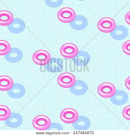 Inflatable Rings In Pool Blue Water Seamless Vector Pattern. Summer Lazy Relax Floating Hoops On Wat
