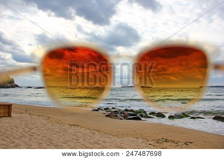 Look At The Sea Through Sun Glasses, A Nice Warm Shade, A Little Gloomy Weather At Sea Became Bright