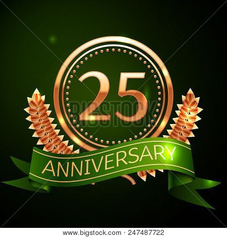 Realistic Twenty Five Years Anniversary Celebration Design With Golden Ring And Laurel Wreath, Green