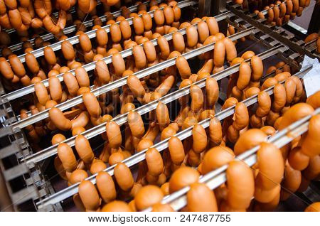 Sausage. Sausage Production Line. Sausage On The Counter For The Smokehouse. Industrial Manufacture