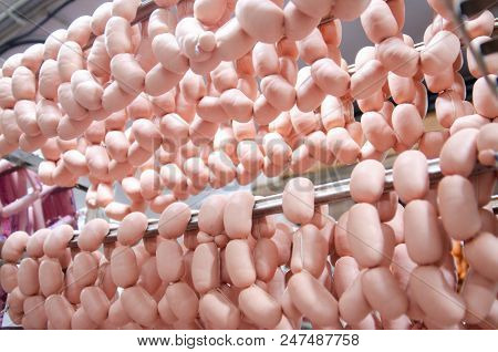 Sausage. Sausage Production Line. Sausage On The Counter For The Smokehouse. Industrial Manufacture