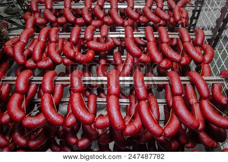 Sausage. Sausage Production Line. Sausage On The Counter For The Smokehouse. Industrial Manufacture
