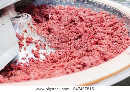 Cutter For Grinding Meat. Sausage Production Line. Process Of Sausage Manufacturing. Industrial Manu
