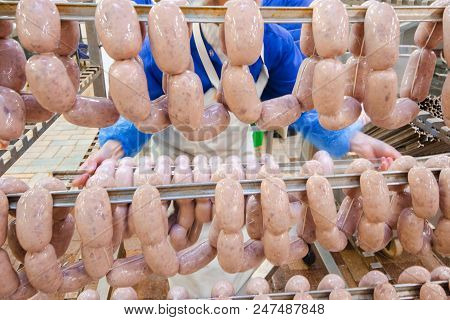 Sausage. Sausage Production Line. Process Of Sausage Manufacturing. Industrial Manufacturing Of Saus