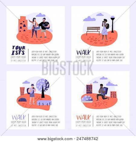 Traveling People In Trip Poster, Banner, Brochure. Tourist With Gadget Taking Photo. Woman Making Se