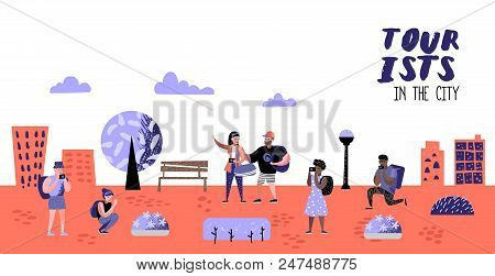 Traveling People In Trip Poster, Banner, Brochure. Tourist With Gadget Taking Photo. Woman Making Se