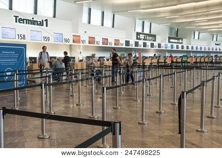 Vienna, Austria - July 13, 2018: Close Up Of Check-in Area, Belt Control Queue And Tourist At Intern