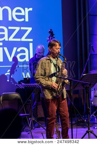 Cracow, Poland - June 29, 2018: Zbigniew Namyslowski Quintet  Live On Stage Of Manggha Museum Of Jap