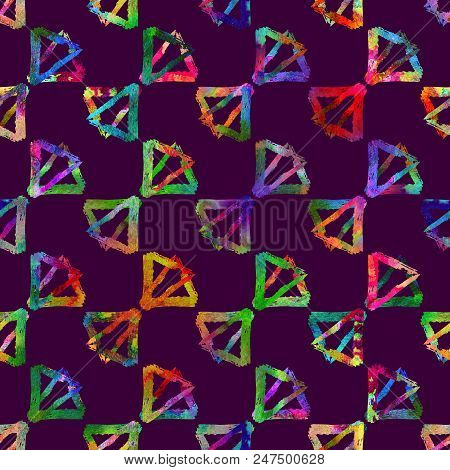 Seamless Pattern Brush Triangles Bow. Rainbow Color On Violet Background. Hand Painted Grange Textur