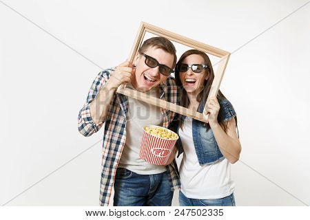 Young Laughing Couple, Woman And Man In 3d Glasses And Casual Clothes Watching Movie Film On Date, H