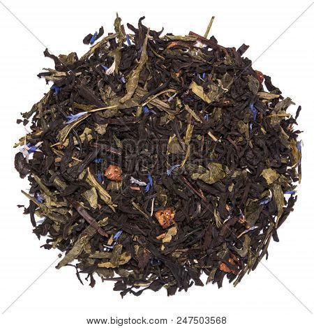 Mix Of Black Tea With Green Sencha Tea And Cornflower Flowers And Strawberry Slices On White Backgro