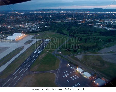 Portland, Oregon - May 27, 2014: Aerial Of Portland International Airport Runway At Dawn In Oregon.
