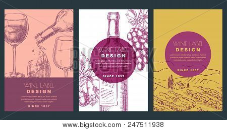 Wine Label Design Template. Sketch Vector Illustration Of Bottle, Glass, Grapes And Vineyard Field. 