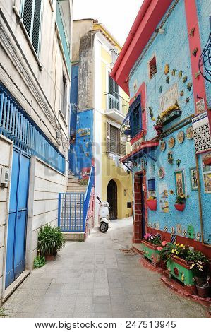 Vietri Sul Mare, Italy - April 27, 2018 View On The Narrow Street Of Colored House, With Traditional