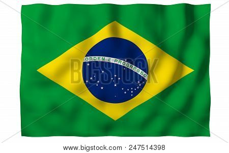 Waving Flag Of Brazil. Ordem E Progresso. Order And Progress. Rio De Janeiro. South America. State S