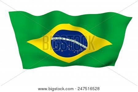 Waving Flag Of Brazil. Ordem E Progresso. Order And Progress. Rio De Janeiro. South America. State S