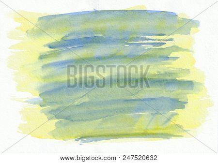 Blue And Yellow Horizontal  Watercolor  Hand Drawn  Background. Beautiful Strokes Of The Paint Brush