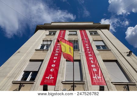 Belgrade, Serbia - June 23, 2018:  Logo Of Cervantes Instute (instituto Cervantes) On Their Belgrade
