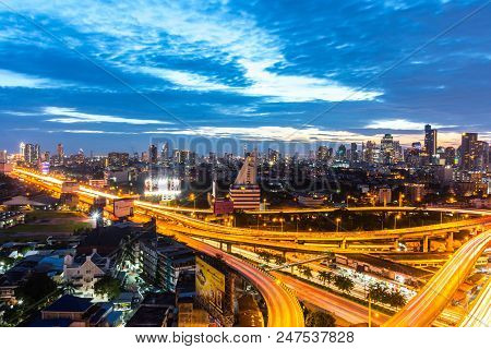 Cityscape And Light Of Night Road In Long Exposure