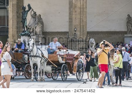 Florence, Italy. June 1, 2018: Typical Florentine Horse Buggy Stop Waiting For Tourists In Front Of 