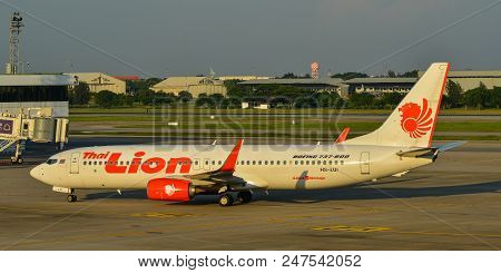 Bangkok, Thailand - Apr 23, 2018. A Boeing 737-800 Airplane Of Thai Lion Air Taxiing On Runway Of Do