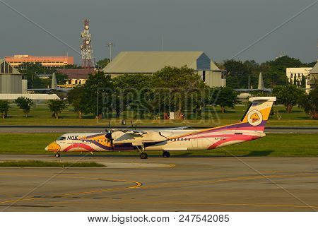 Bangkok, Thailand - Apr 23, 2018. A Bombardier Dash 8 Q400 Airplane Of Nok Air Taxiing On Runway Of 