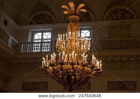Saint Petersburg, Russia - August 18, 2017: Decorative Chandelier With Candlesticks. Interior Of Sta