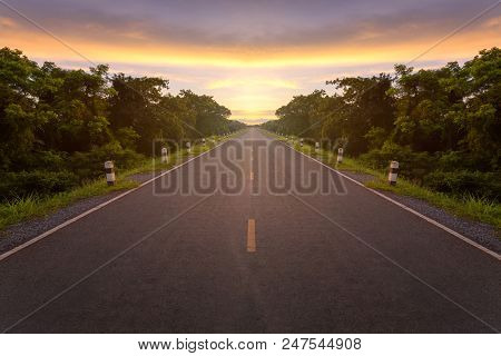 Empty Blur Asphalt Road And Sunlight And Sign Which Symbol Success. Concept For Success.