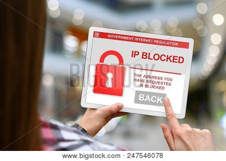 Ip Address Blocked Concept, Girl With Tablet Pc On Blurred Mall Background