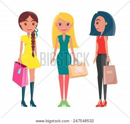 Happy Women On Shopping, Adult Girls With Packets, Holding Disposable Parcels With Handles Vector Il