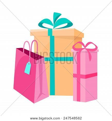 Set Of Paper Packages For Shopping, Packet For Parcels With Tag, Wrapped Paper Boxes Decorated By Bo