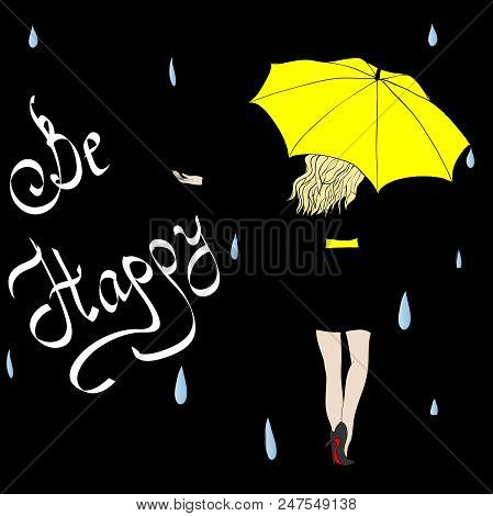 The Girl Under An Umbrella Catches Rain Drops. 
