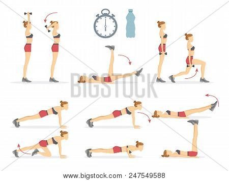 Slow Climbers And Tabata Set Collection Of Exercises, Tabata And Time With Plastic Bottle With Water