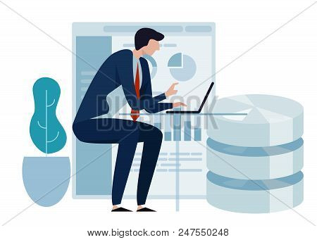 Data Science Concept Of Big Database Technology. Environment Friendly Green Leaf. Business Man Worki