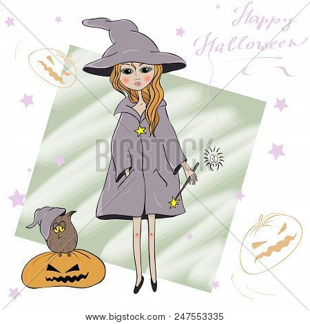 Cute Little Halloween Witch And Sweet Owl.
