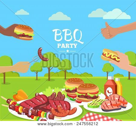 Bbq Party Colorful Poster With Cute Summer Park, Vector Illustration, Human S Hands Holding Tasty Bb