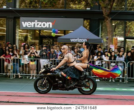 Gay Pride Parade In San Francisco - Dykes On Bikes Lead The Parade Past Blurred Audience