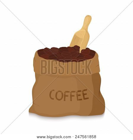 Vector Brown Canvas Coffee Bag With Wooden Scoop, Package For Grains Of Aroma Product. Made In Carto