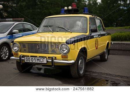 Yoshkar-ola, Russia - May 31, 2018 Old Soviet Police Car On Exhibition