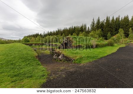 Stone Hut With Grass Roof In Reykholt. Iceland
