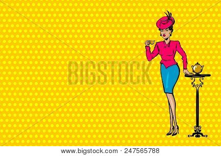 White Sexy Young Woman Pop Art Hold Cup Of Coffee. Elegantly Dressed, In A Beautiful Retro Hat And F