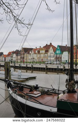 Jan 2013, Glueckstadt Germnay, Old Historic Harbor With Old Vessels And Houses