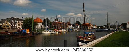 Jan 2013, Glueckstadt Germnay, Old Historic Harbor With Old Vessels And Houses