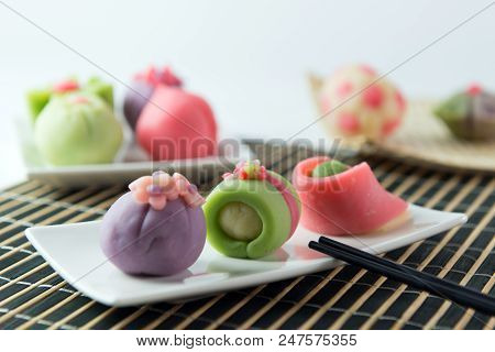 Japanese Traditional Confectionery Cake Wagashi Served On Plate