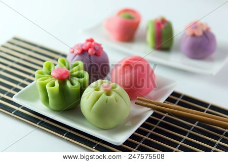 Japanese Traditional Confectionery Cake Wagashi Served On Plate