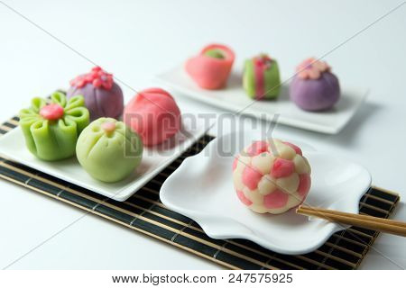 Japanese Traditional Confectionery Cake Wagashi Served On Plate