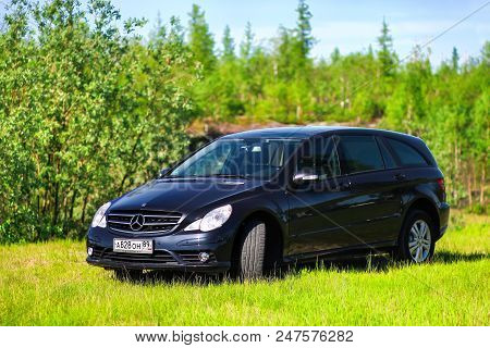 Novyy Urengoy, Russia - June 27, 2018: Black Motor Car Mercedes-benz W251 R350 At The Countryside.