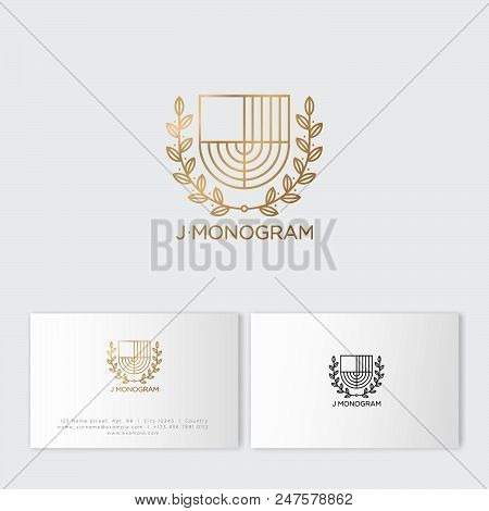 J Monogram. Gold J Letter Like Herald Shield With Laurel Wreath. Classic Style. Identity. Business C